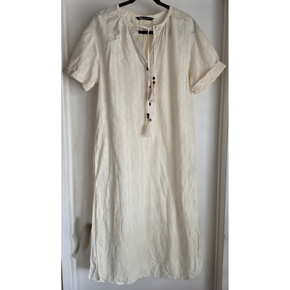 Zara Maxi Dress XS Cream Geometric Cotton Casual Boho Short Sleeve Gown Frock
